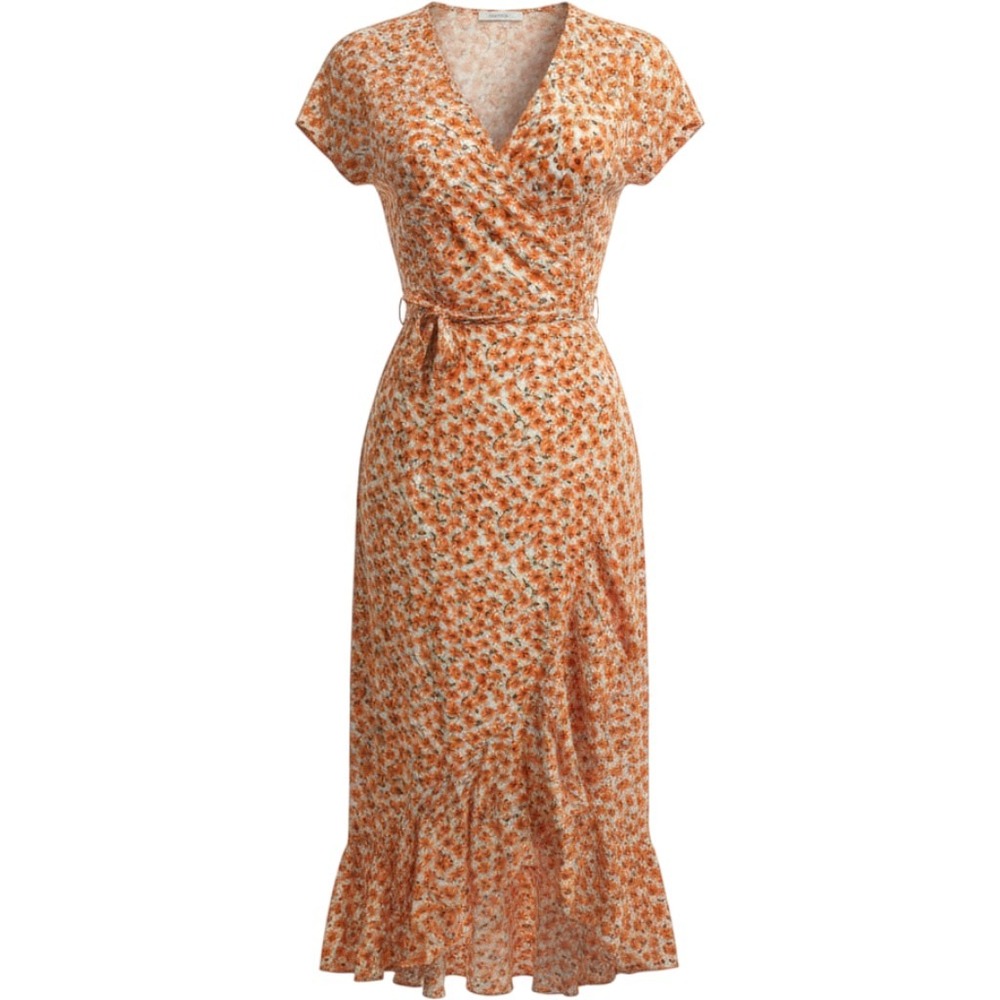 ZESICA Women Orange Floral Ruffle Wrap Midi Dress Short Sleeve V-Neck Size S